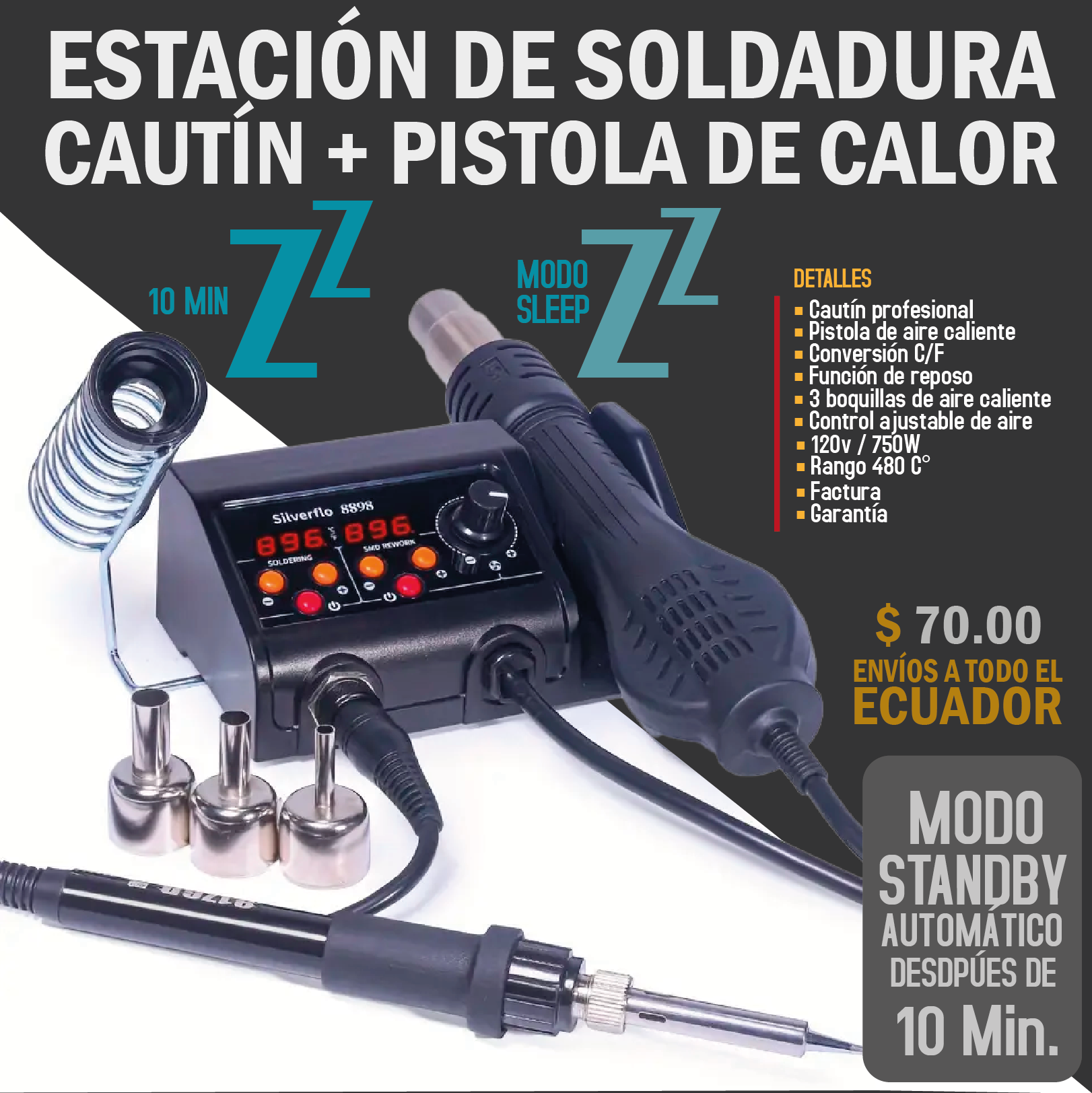 ESTACION DE SOLDADURA 2 EN 1 CAUTIN PISTOLA DE CALOR CON SUSPENSION 